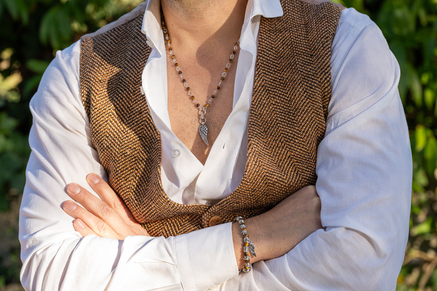 Nike men's necklace in silver and tiger's eye
