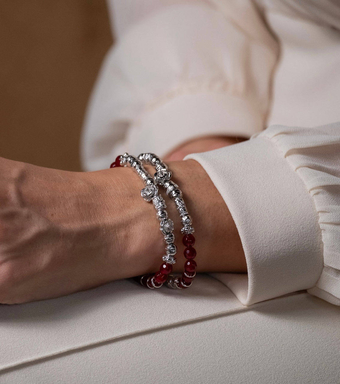 WOMEN'S BRACELET TWO GIRI ROSE COLLECTION SILVER AND RUBY AGATE THREE ROSES