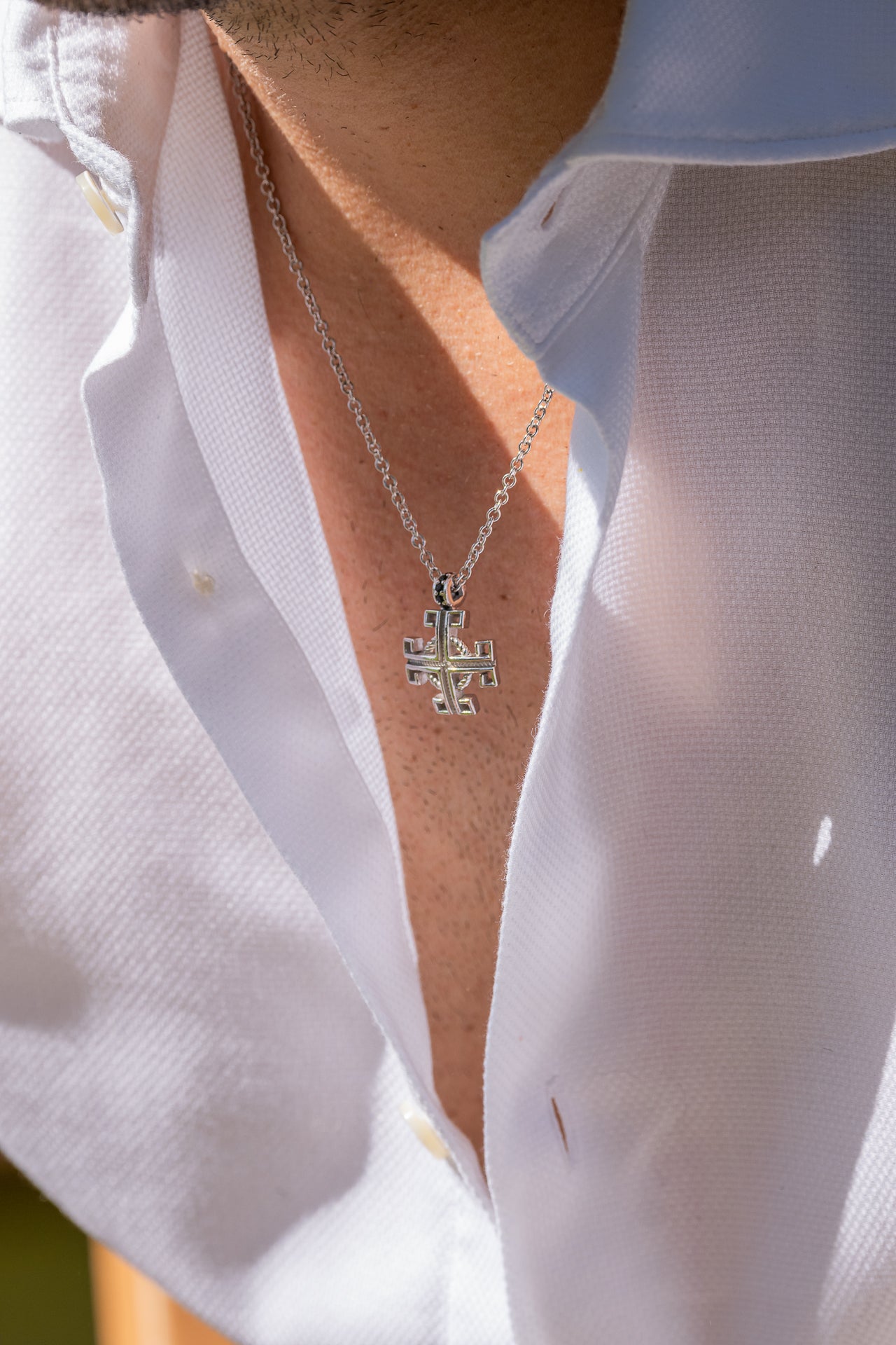 Icone men's necklace with Byzantium cross in silver and black crystals