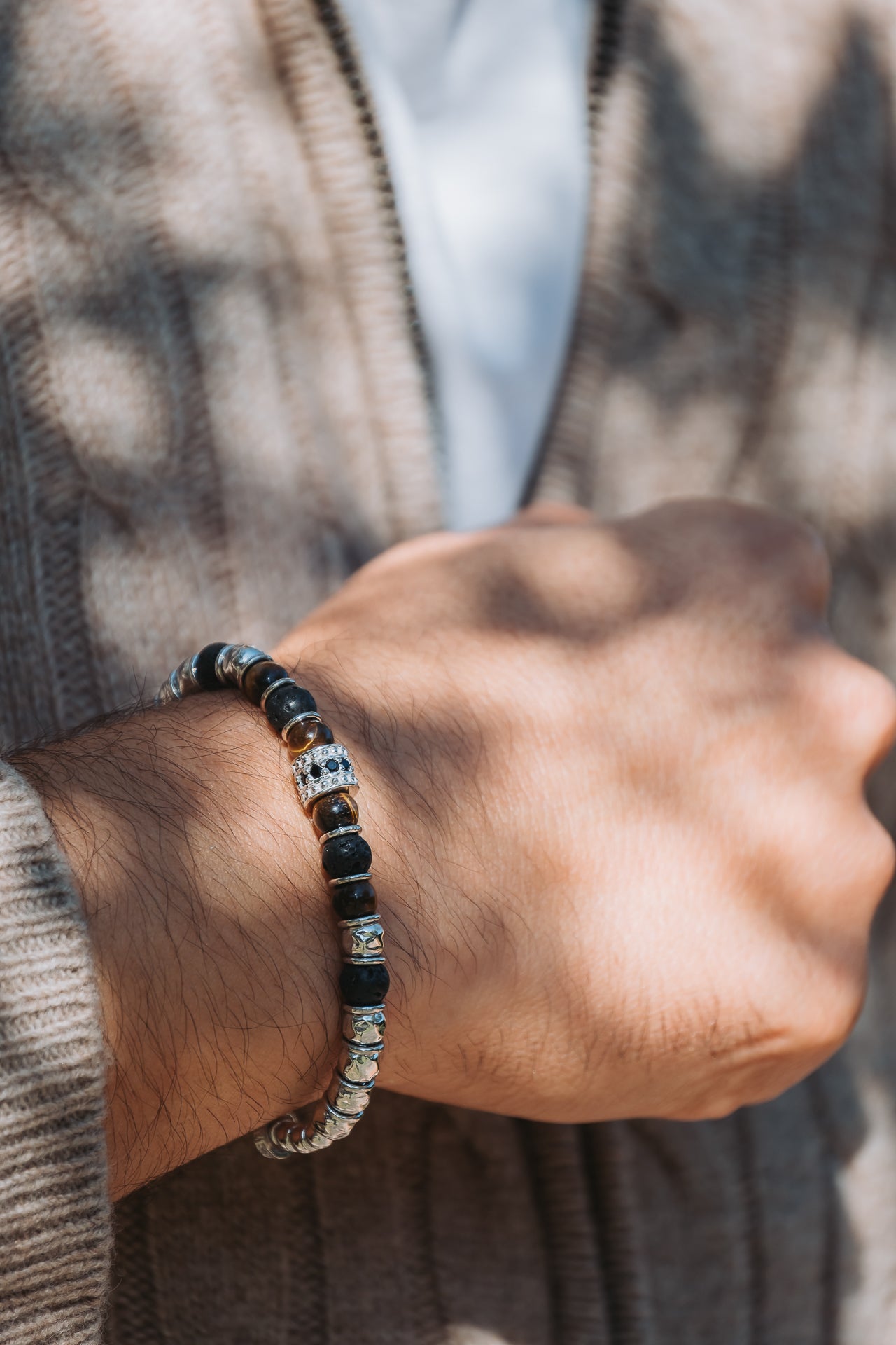 Cue Fire men's bracelet in silver, black stones and crystals