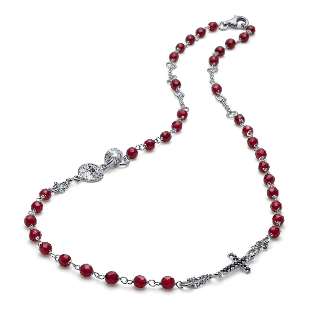 COLLANA UOMO COLLEZIONE MY SAINT ARGENTO E AGATA RUBINO CON CROCE