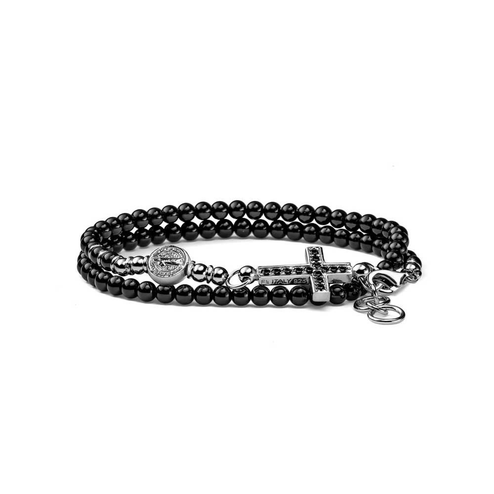 MEN'S BRACELET CROSS COLLECTION SILVER AND BLACK AGATE, TWO WOUNDS
