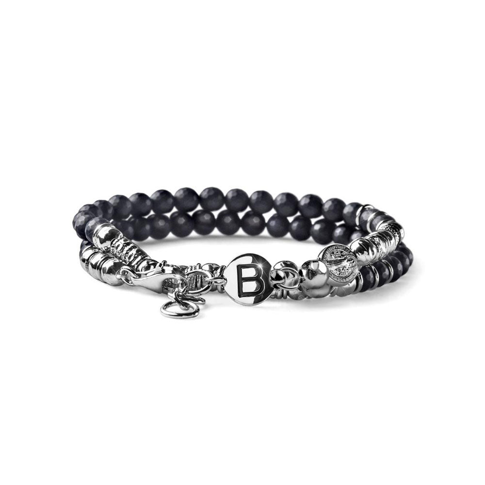 MEN'S BRACELET LUXURY MAN TWO WOUNDS SILVER FACETED BLACK AGATE