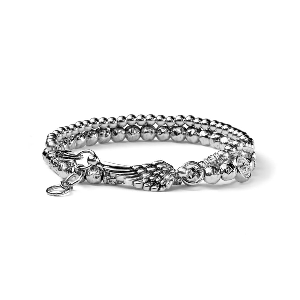 MEN'S TWO WOUNDS SILVER BRACELET SMALL AND LARGE BALLS WING CHARM