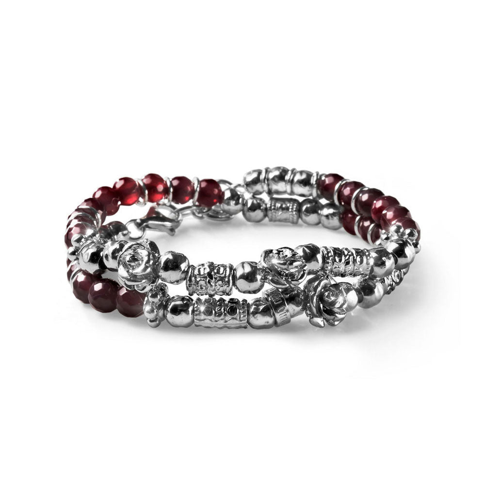 WOMEN'S BRACELET TWO GIRI ROSE COLLECTION SILVER AND RUBY AGATE THREE ROSES