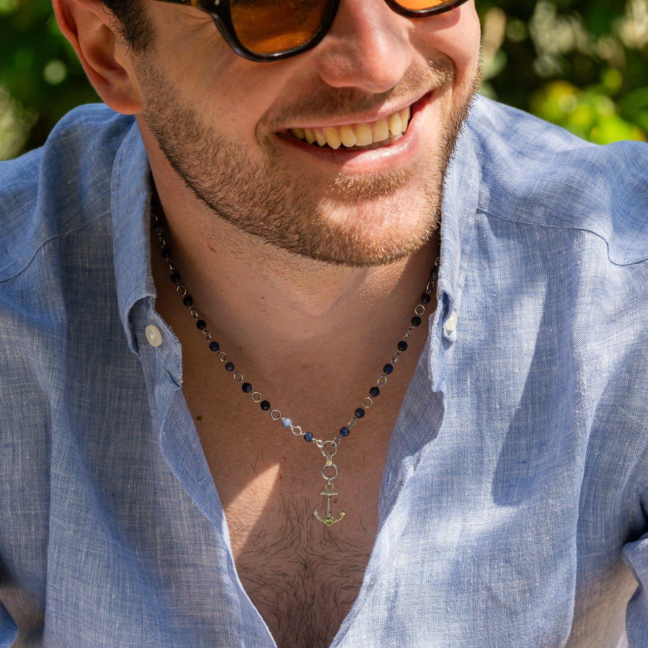 MEN'S NEPTUNE COLLECTION NECKLACE IN SILVER AND SODALITE WITH ANCHOR 50 CM