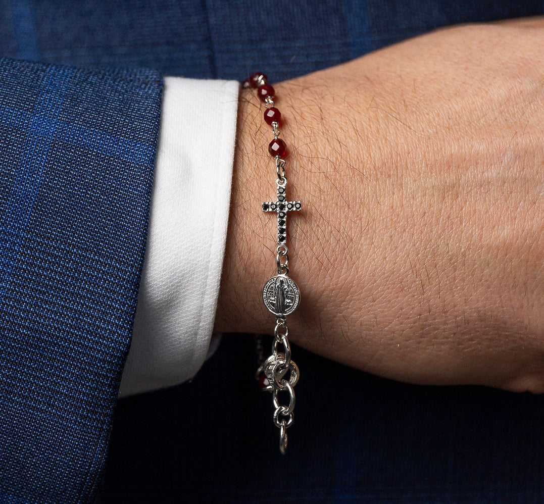 MEN'S BRACELET CROSS COLLECTION SILVER AND RUBY AGATE