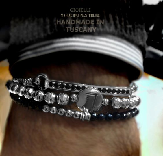 Bracciale uomo Cue sfere in Argento e Cristalli neri sottile