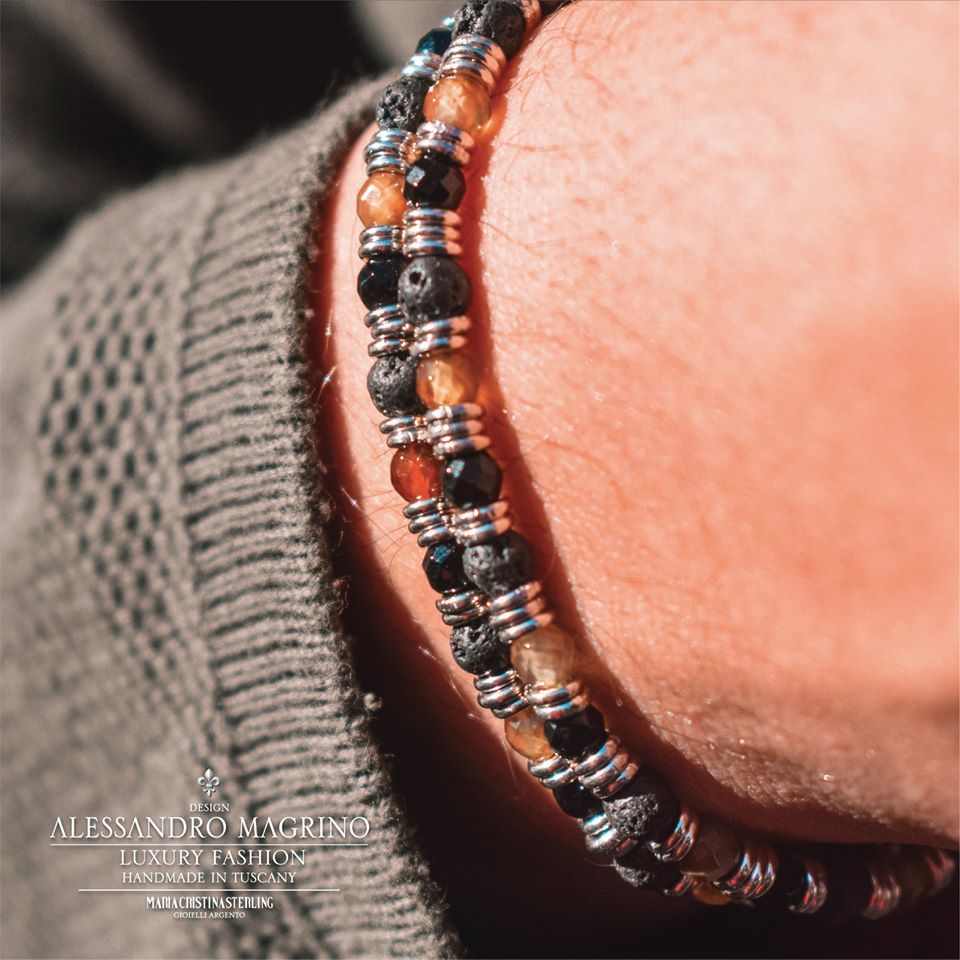 MEN'S BRACELET SNAKE DUE GIRI CLASSIC STYLE SILVER AND MIX OF NATURAL STONES