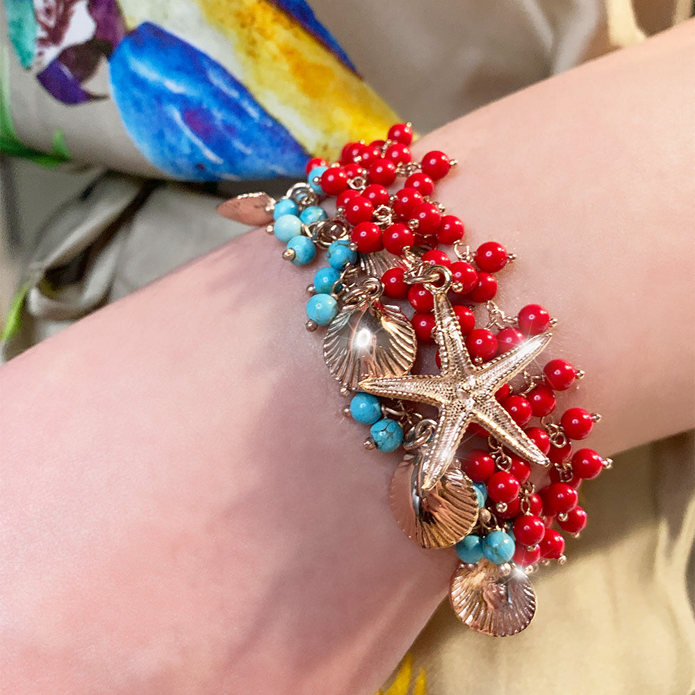 WOMEN'S BRACELET IN PINK SILVER AND CORAL COLORED STONES, TWO WOUNDS WITH LARGE STARFISH