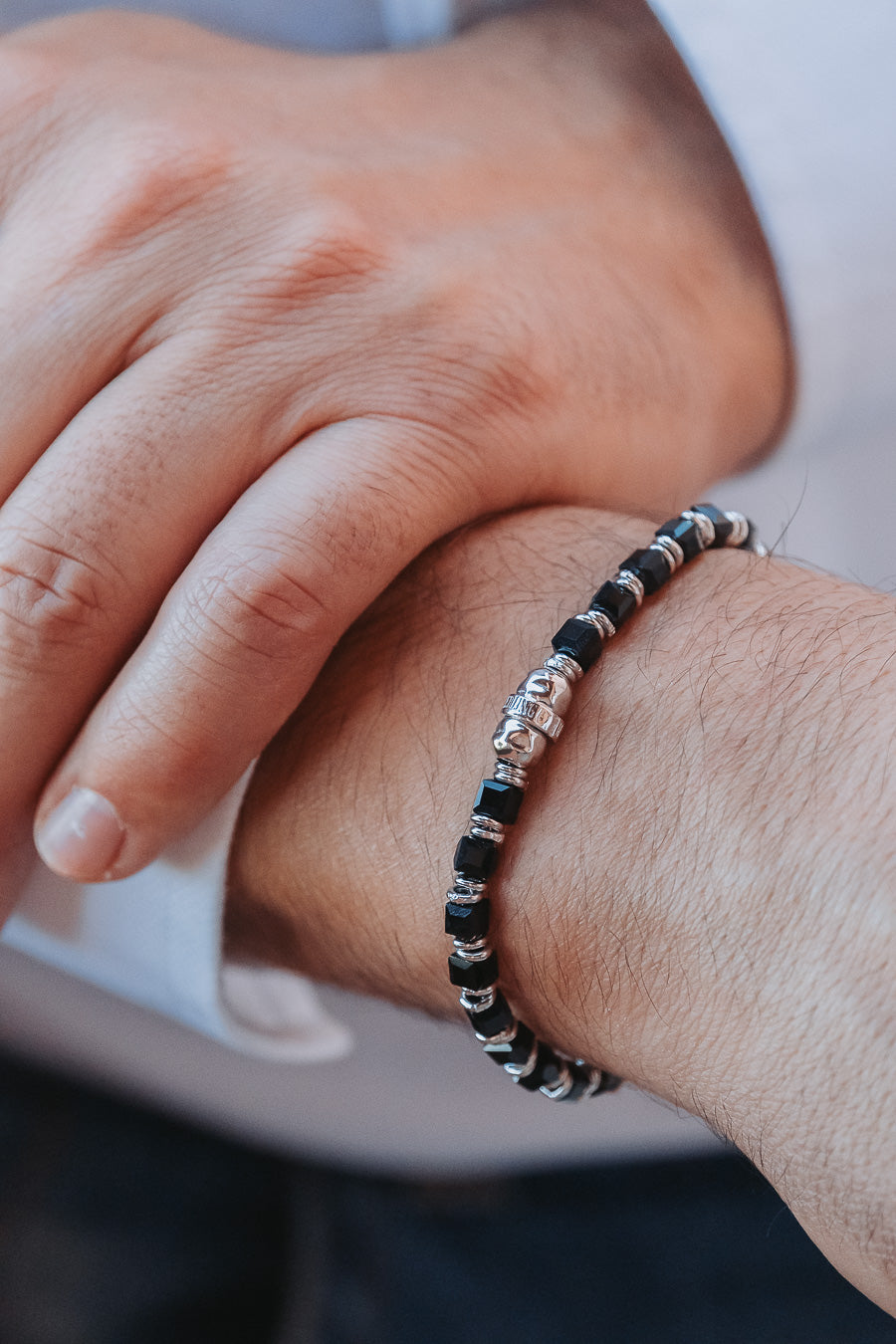 MEN'S BRACELET SNAKE BLACK CUBES AND SILVER CIRCLES