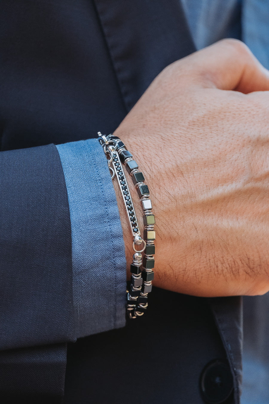 Men's Hematite and Silver Bracelet with Black Crystals 2 rounds