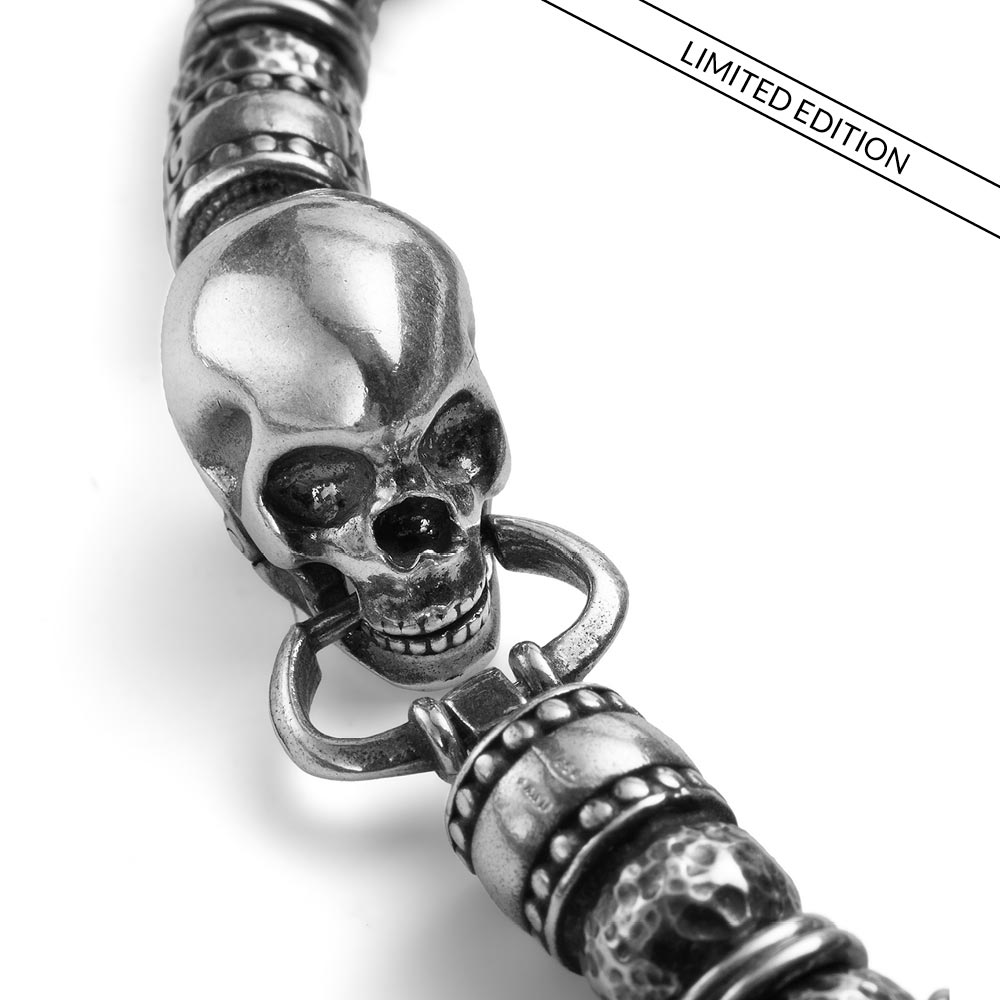 BRACCIALE UOMO SKULL CON SFERE IN ARGENTO BRUNITE MARTELLATE