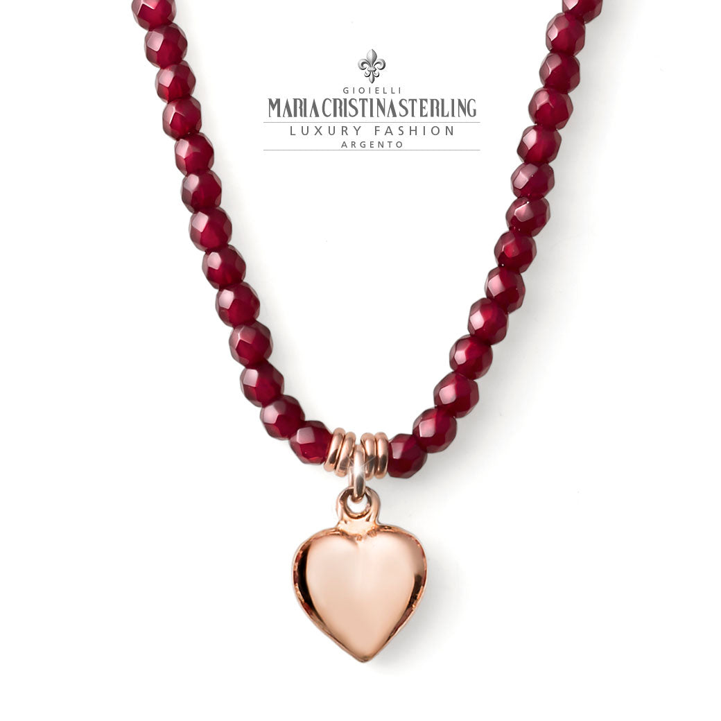 WOMEN'S SILVER PINK AND RUBY AGATE HEART CHARM NECKLACE