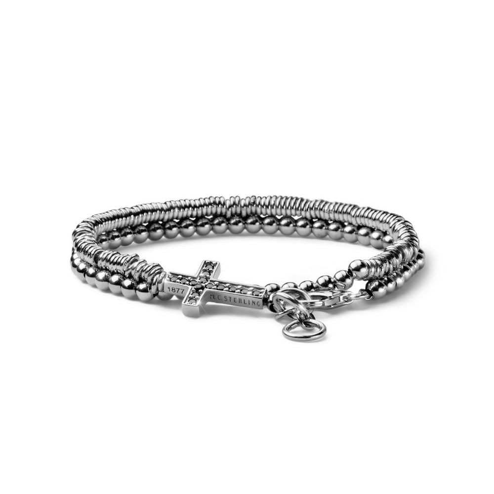 BRACCIALE UOMO COLLEZIONE CROSS IN ARGENTO E CROCE CON CRISTALLI NERI, DUE GIRI