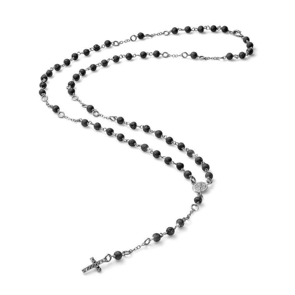 MEN'S NECKLACE CROSS COLLECTION SILVER ROSARY AND LAVA PEARLS