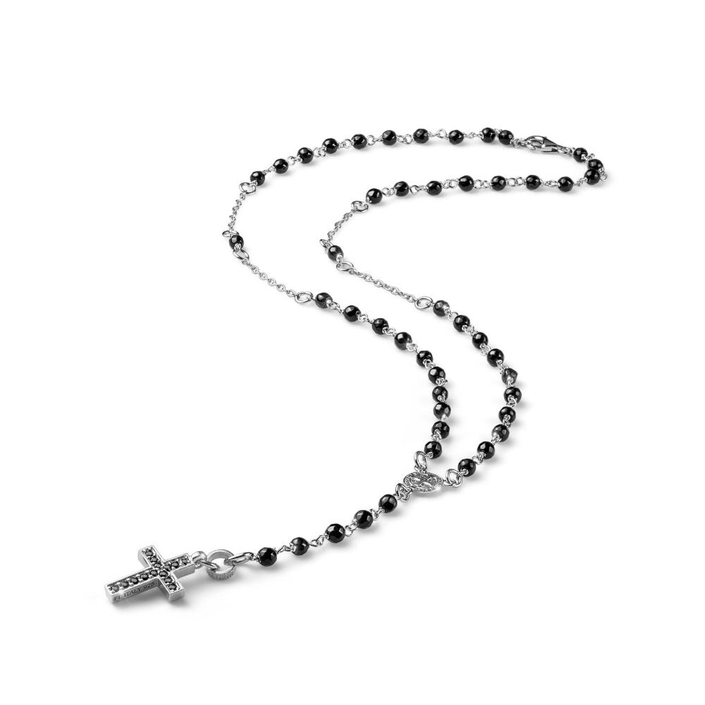 MEN'S NECKLACE CROSS COLLECTION SILVER ROSARY AND BLACK AGATE