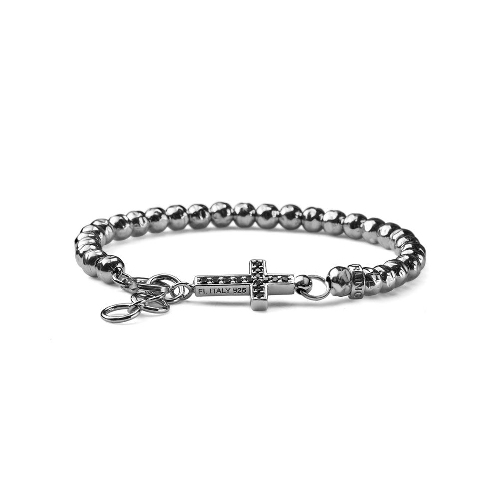 MEN'S BRACELET CROSS COLLECTION HAMMERED SILVER BALLS AND CROSS WITH BLACK CRYSTALS