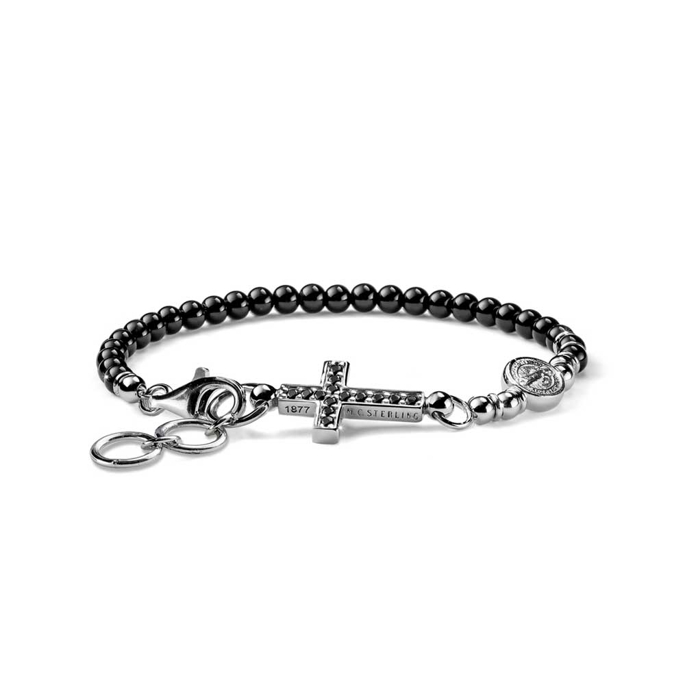 MEN'S BRACELET CROSS COLLECTION SILVER AND BLACK AGATE, BLACK CRYSTALS CROSS