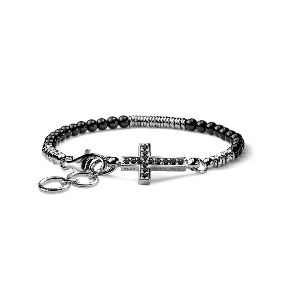 BRACCIALE UOMO CROSS CON CROCE ARGENTO E AGATA NERA