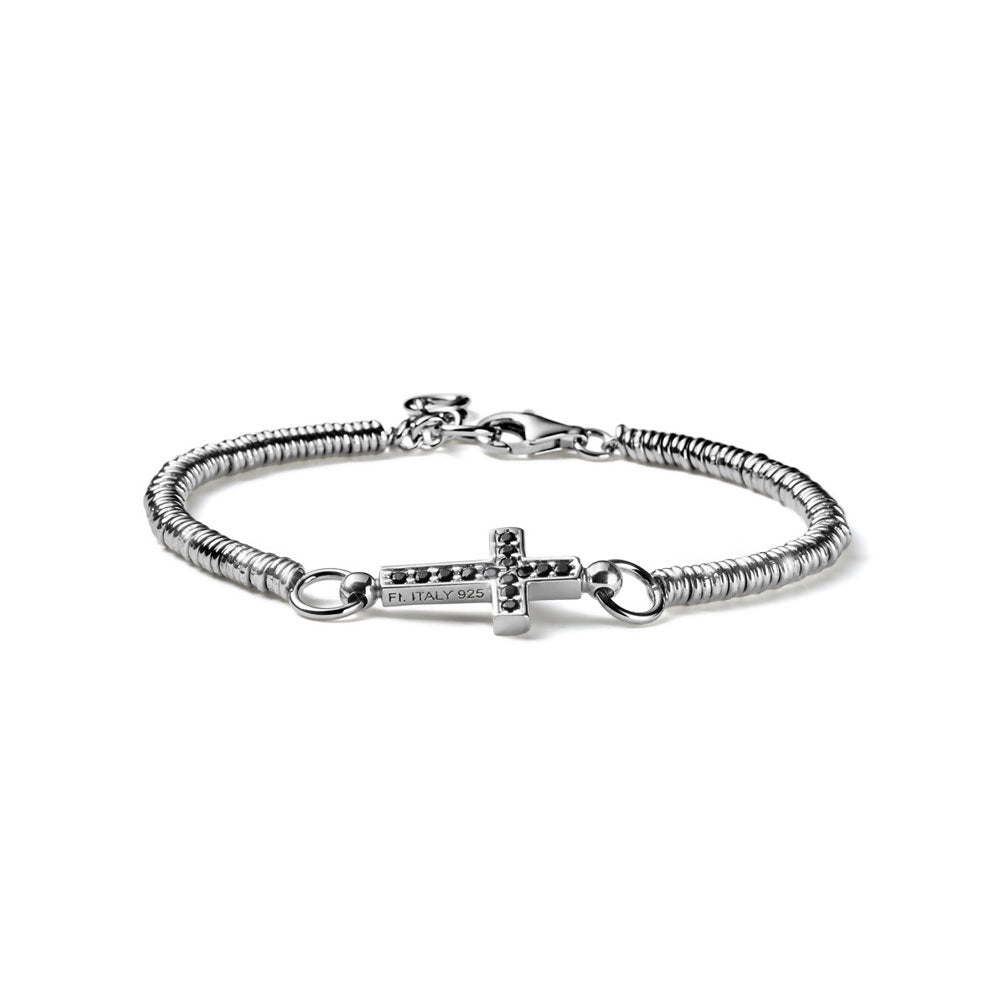 BRACCIALE UOMO COLLEZIONE CROSS IN ARGENTO, CROCE CON CRISTALLI NERI