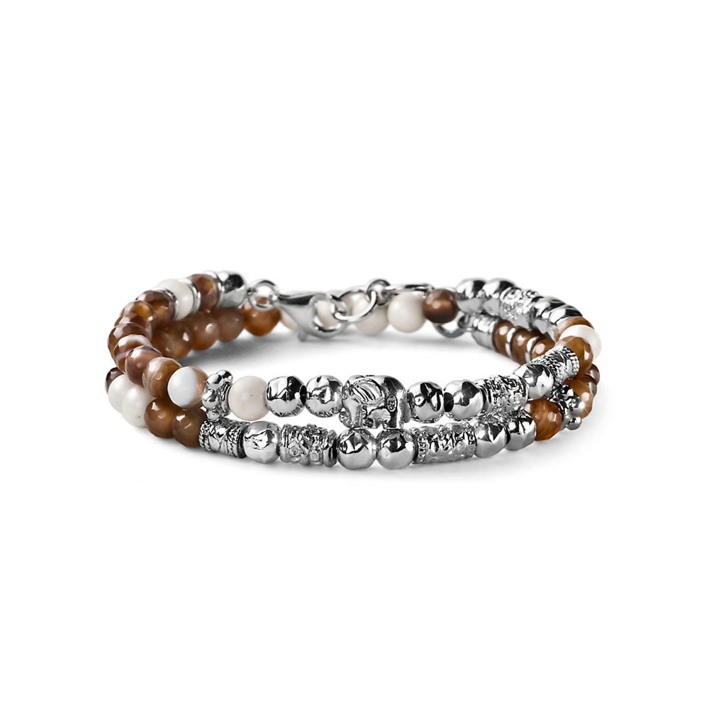 MEN'S SILVER BRACELET BROWN AGATE AND WHITE AULITE ELEPHANT COLLECTION