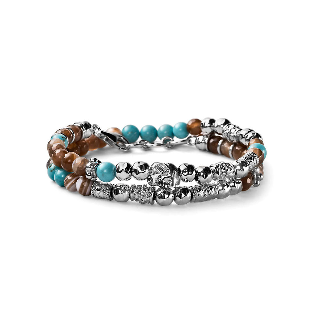 BRACCIALE UOMO ARGENTO AGATA MARRONE E AULITE CELESTE CHARM ELEFANTE DUE GIRI