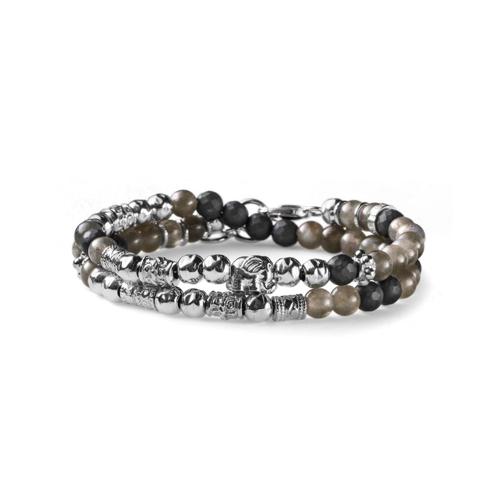 MEN'S BRACELET ELEPHANT COLLECTION SILVER MOONSTONES AND MATT BLACK AGATE TWO WOUNDS