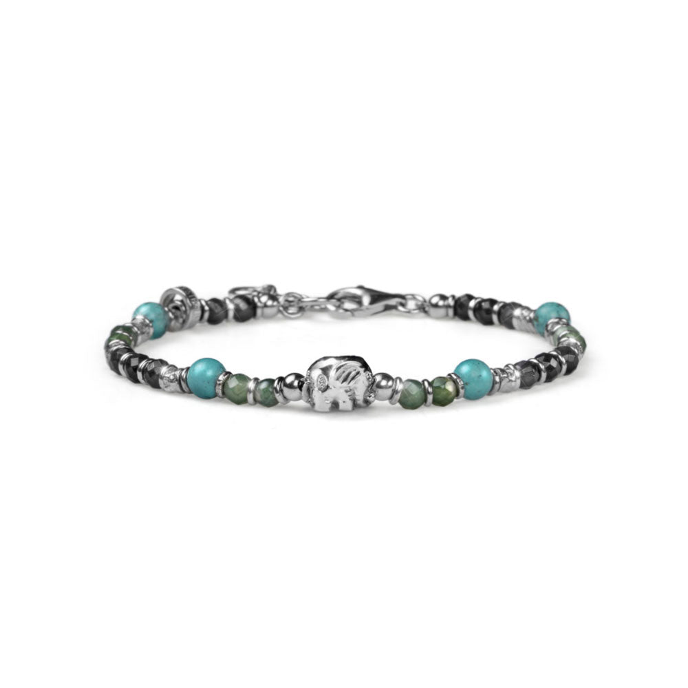 MEN'S LUCKY BRACELET WITH ELEPHANT SYMBOL IN SILVER AND MIX OF COLD STONES