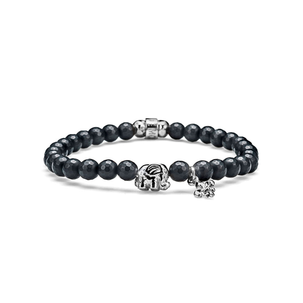 MEN'S ELASTIC ELEPHANT BRACELET IN SILVER AND MATT BLACK AGATE