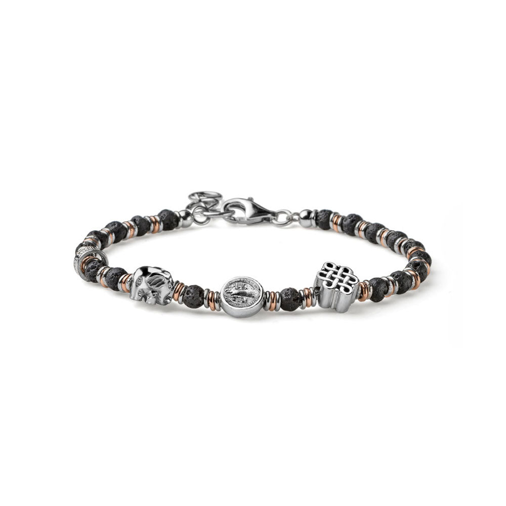 BRACCIALE UOMO LOVE PROTECTION AND LUCK ARGENTO E PERLE DI LAVA