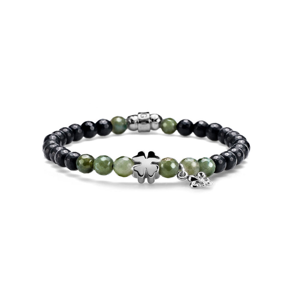 BRACCIALE UOMO ELASTICO LUCKYOU ARGENTO AGATA NERA OPACA E MUSCHIATA QUADRIFOGLIO