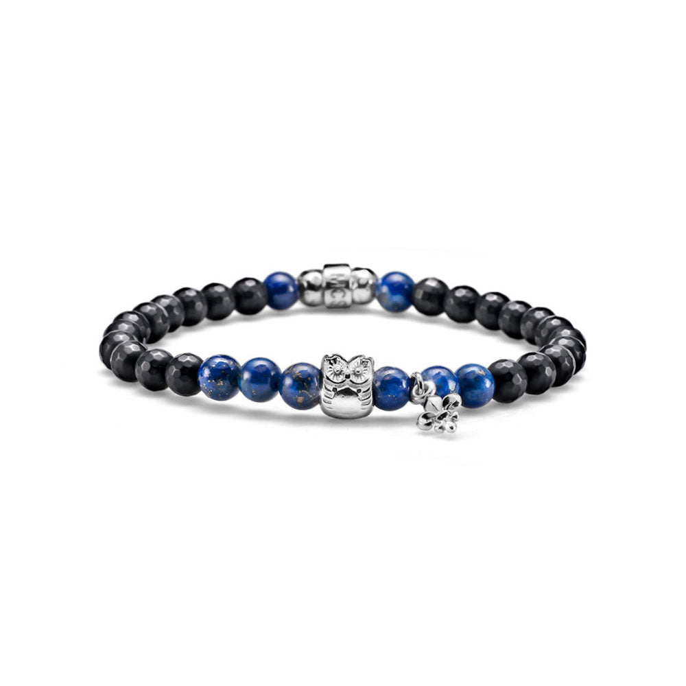 MEN'S ELASTIC BRACELET LUCKYOU SILVER BLACK AGATE AND LAPIS OWL SYMBOL