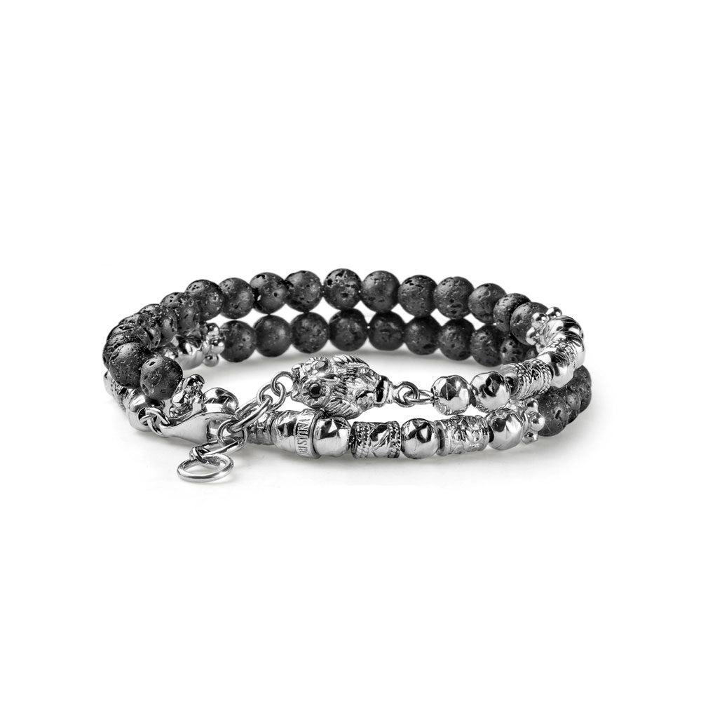 GOOD LUCK MEN'S BRACELET TWO WOUNDS IN SILVER AND LAVA PEARLS