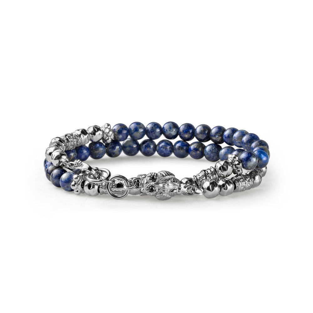 GOOD LUCK MEN'S BRACELET TWO WOUNDS IN SILVER AND LAPIS