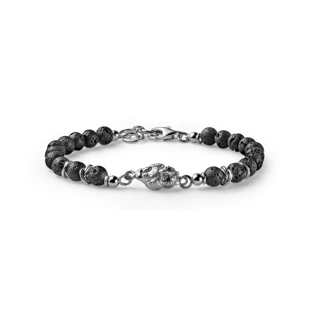 GOOD LUCK MEN'S BRACELET IN SILVER AND LAVA PEARLS WITH OWL CHARM