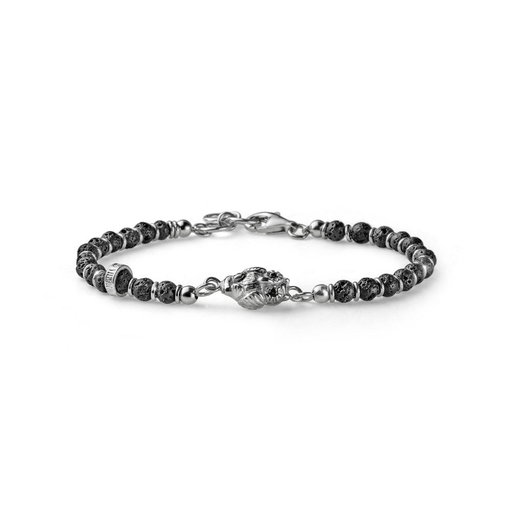 GOOD LUCK MEN'S BRACELET IN SILVER CIRCLES AND LAVA PEARLS OWL CHARM