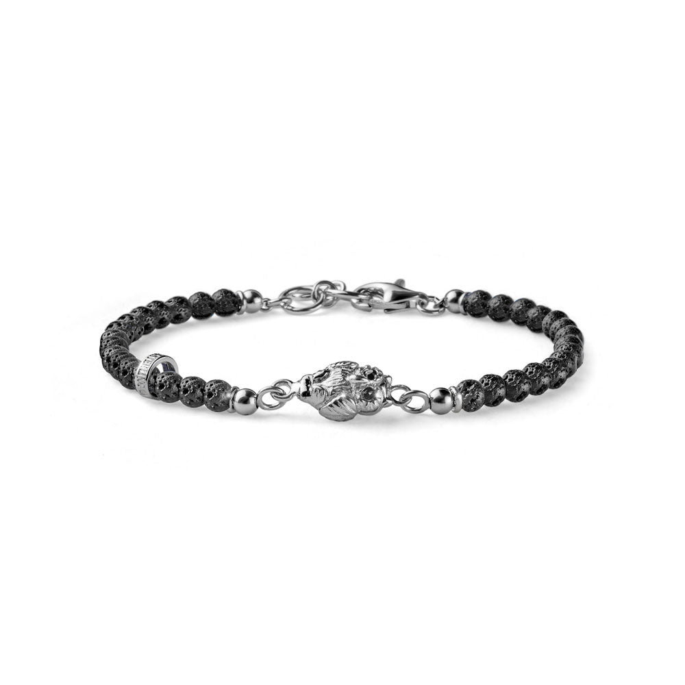 GOOD LUCK MEN'S BRACELET IN SILVER AND LAVA PEARLS WITH THIN OWL CHARM