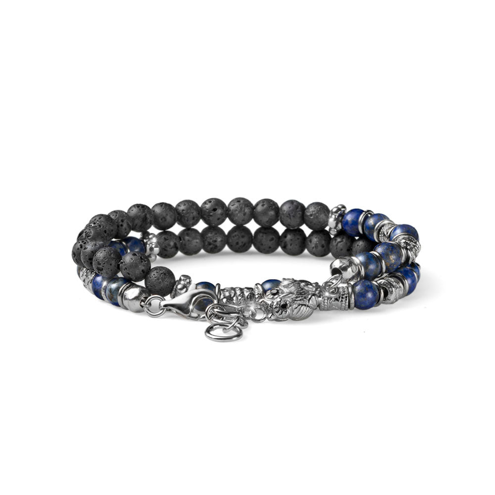 GOOD LUCK MEN'S BRACELET TWO WOUNDS SILVER LAVA AND LAPIS PEARLS