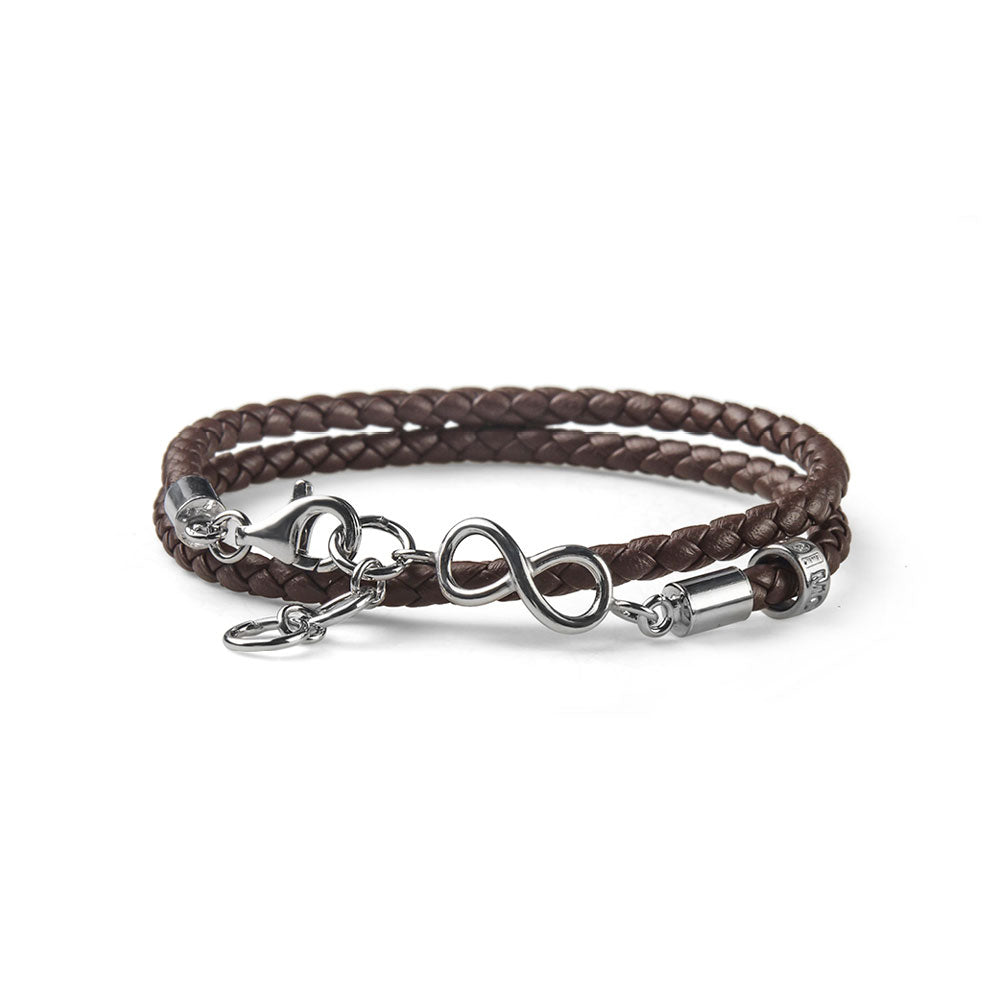 MEN'S TWO ROUND BRACELET INFINITY LIFE SILVER AND DARK BROWN WOVEN LEATHER