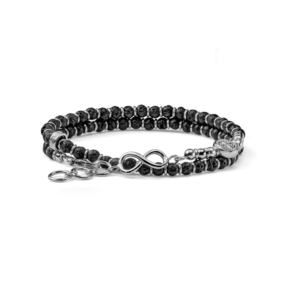 MEN'S INFINITY BRACELET LAVA PEARLS AND SILVER CIRCLES TWO TURNS