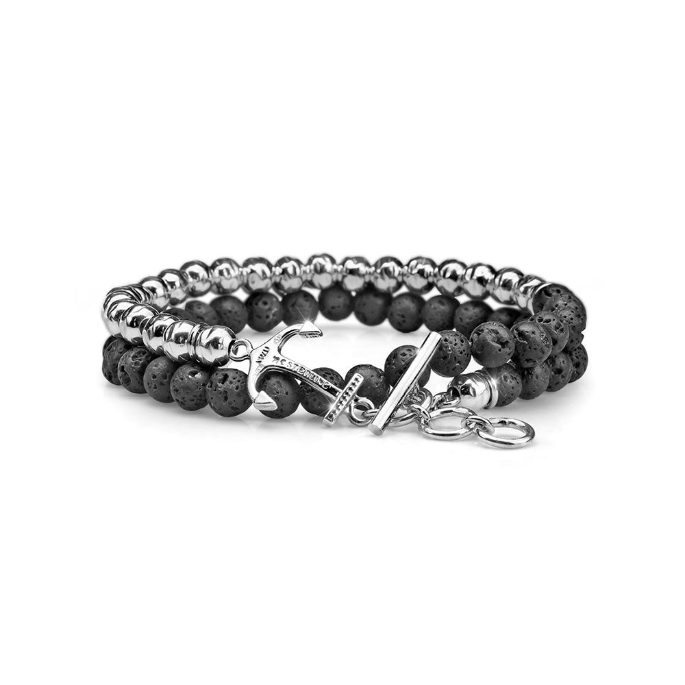 MEN'S BRACELET NEPTUNE COLLECTION SILVER BALLS AND LAVA PEARLS WITH TWO TURNS AND ANCHOR