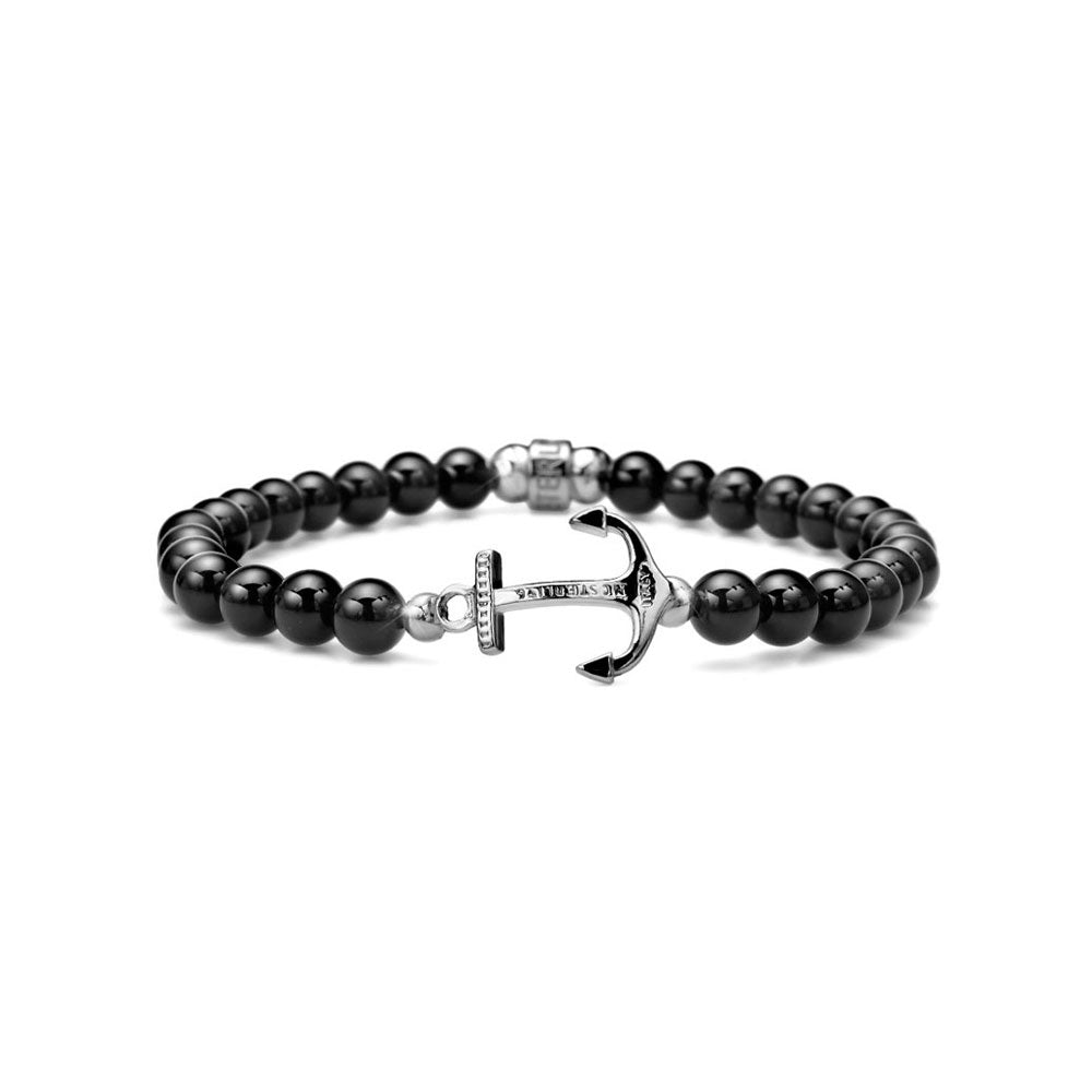 MEN'S BRACELET NEPTUNE COLLECTION SILVER AND BLACK AGATE WITH ELASTIC AND ANCHOR