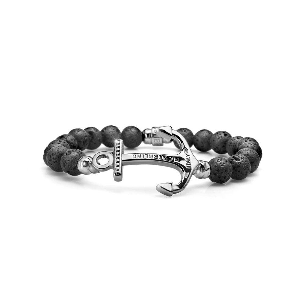 MEN'S BRACELET NEPTUNE COLLECTION SILVER AND LAVA PEARLS WITH ELASTIC AND ANCHOR