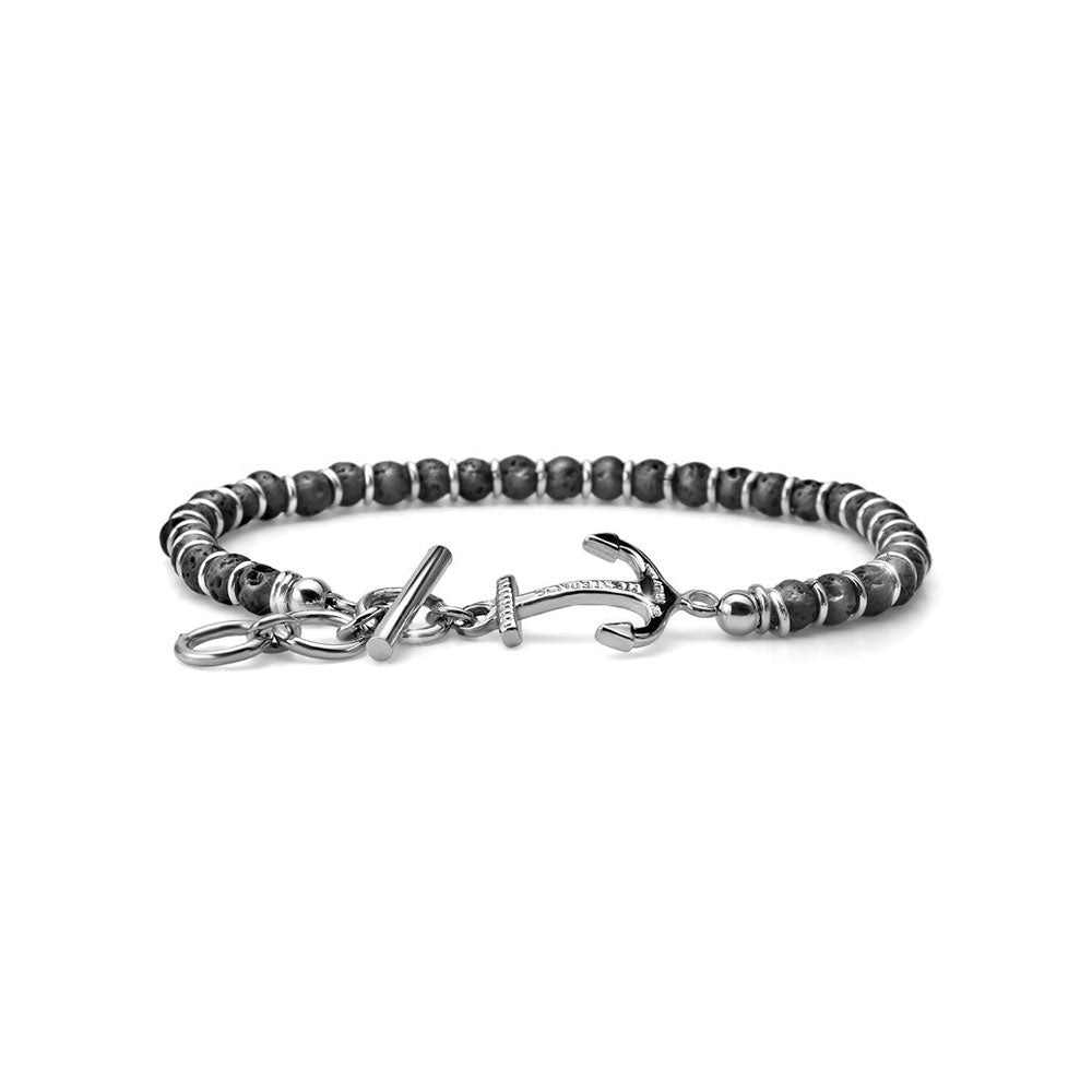 MEN'S BRACELET NEPTUNE COLLECTION SILVER AND DARK LAVA PEARLS WITH ANCHOR