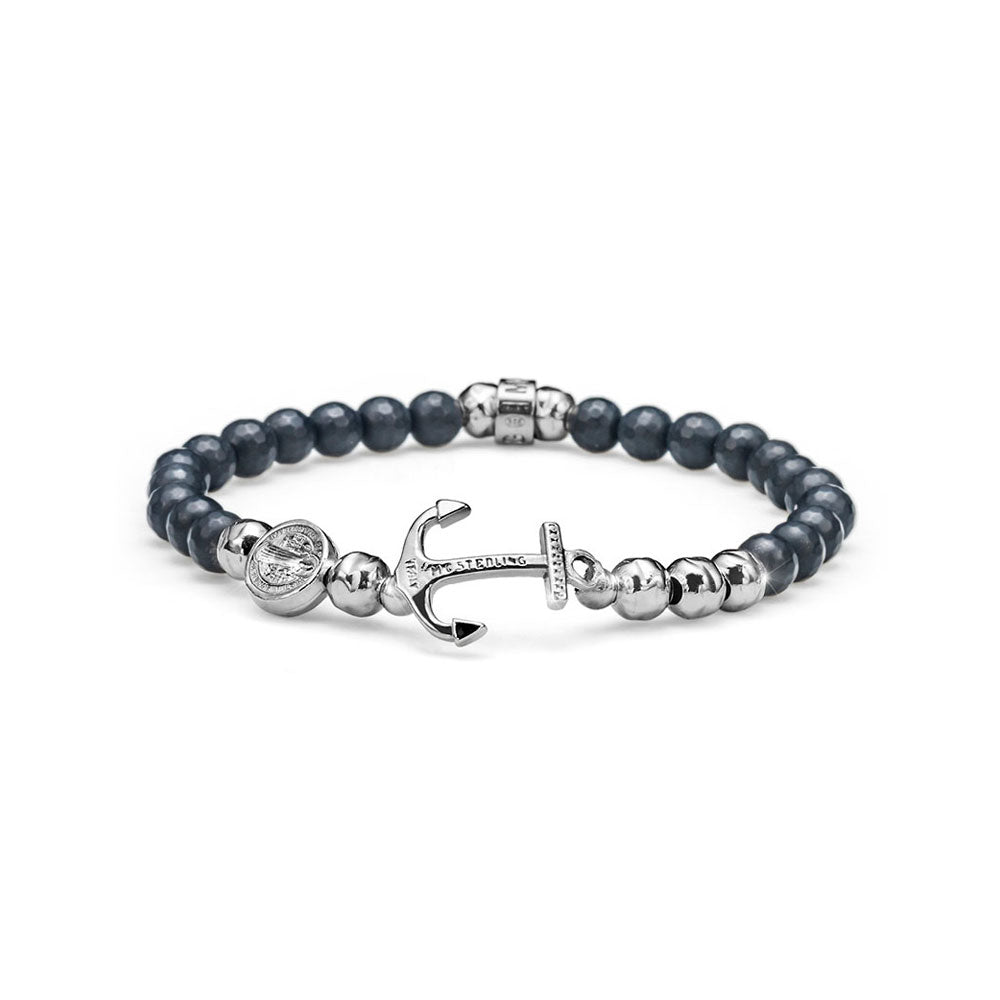 MEN'S ELASTIC BRACELET NEPTUNE COLLECTION SILVER AND DARK AGATE AND ANCHOR