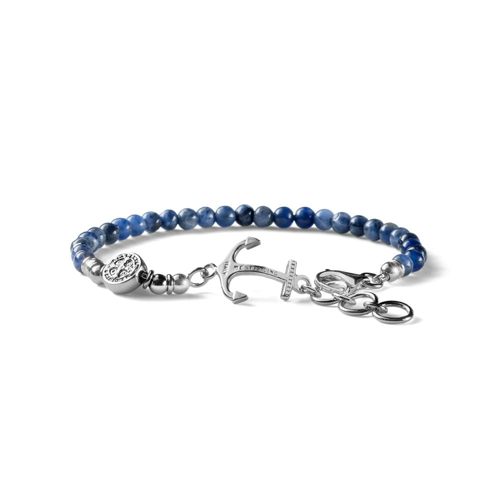 MEN'S BRACELET NEPTUNE COLLECTION SILVER AND SODALITE WITH SMALL ANCHOR