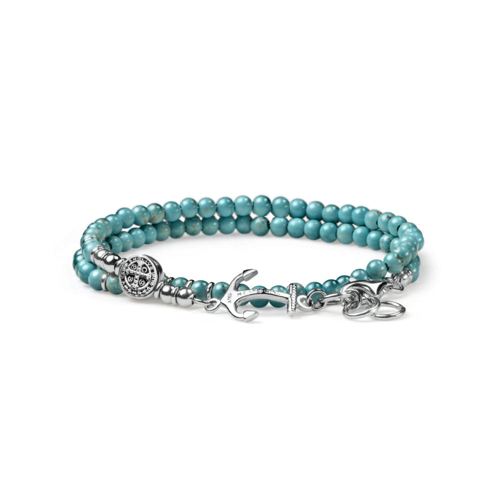 MEN'S DOUBLE TURN BRACELET NEPTUNE COLLECTION SILVER AND LIGHT BLUE AULITE ANCHOR AND MY SAINT CHARM