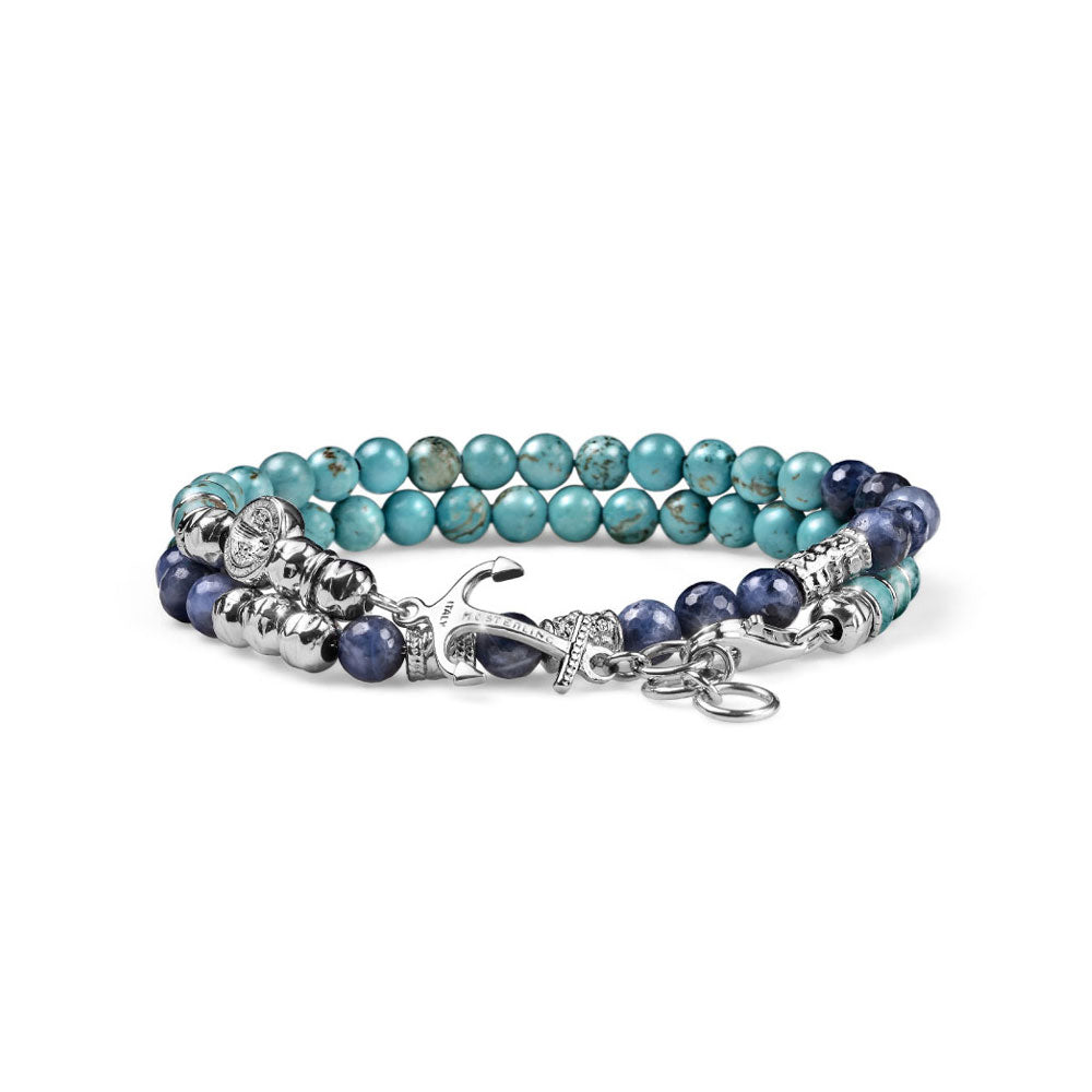 BRACCIALE UOMO NEPTUNE ARGENTO SODALITE E AULITE CELESTE CHARM ANCORA 2 GIRI