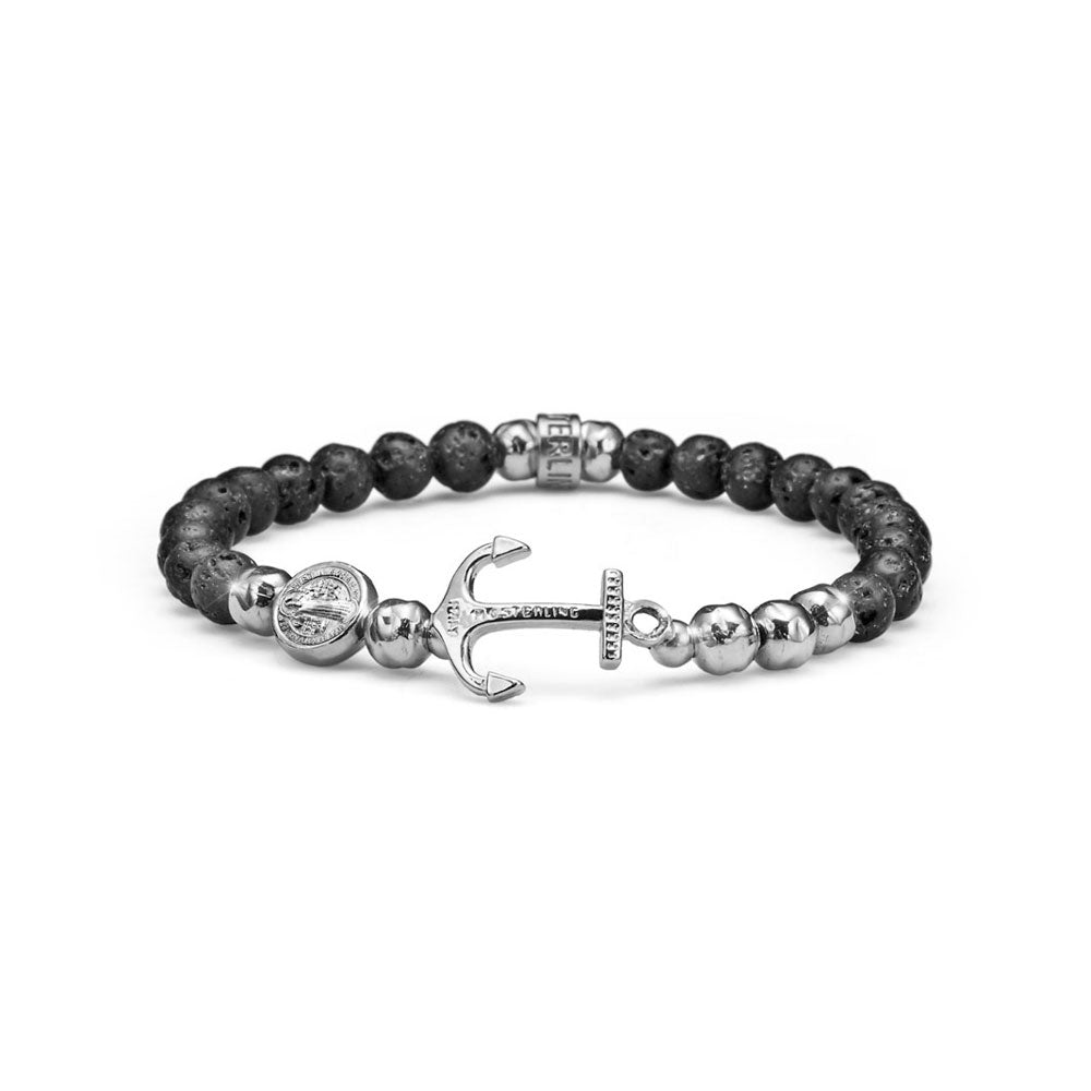 MEN'S ELASTIC BRACELET WITH 925 SILVER NEPTUNE ANCHOR AND LAVA PEARLS